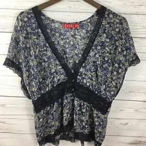 ELLE Sheer Floral Blouse w/ Lace Trim